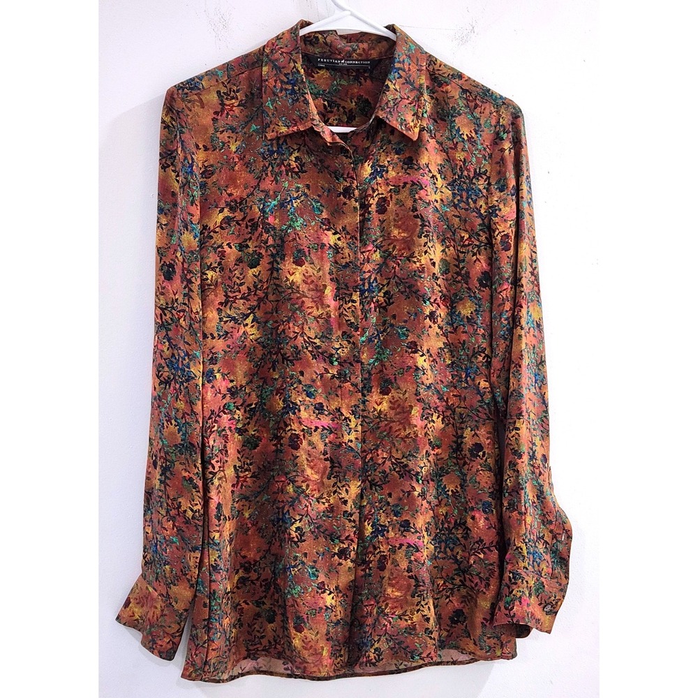 Peruvian Connection Floral Button Down Blouse Small Rust Gold Teal Long Sleeve